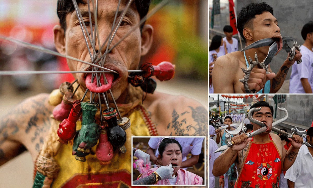 Facing their fears! Swords, axes and umbrella handles are pushed through devotees' CHEEKS at Thai vegetarian festival - Property Knowledge in Myanmar from iMyanmarHouse.com